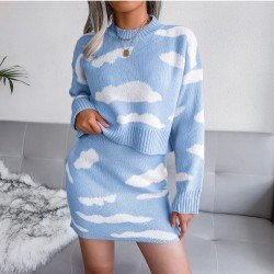 Contrast Color Knitting Women's Skirt Two-Piece Sets