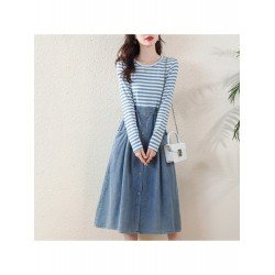 Casual Round Neck Striped Patchwork Long Sleeve Dress  Casual Round Neck Striped Patchwork Long Sleeve Dress