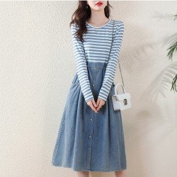  Casual Round Neck Striped Patchwork Long Sleeve Dress