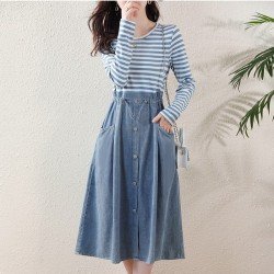  Casual Round Neck Striped Patchwork Long Sleeve Dress