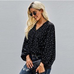  Casual V Neck Polka-dot Women's Long Sleeve Top