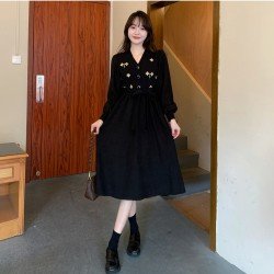  V-Neck Embroidery Temperament Women's Black Dress