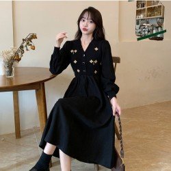  V-Neck Embroidery Temperament Women's Black Dress