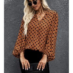  Casual V Neck Polka-dot Women's Long Sleeve Top