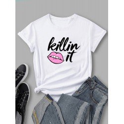 Letter Lip Graphic White T Shirts For Women