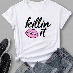 Letter Lip Graphic White T Shirts For Women