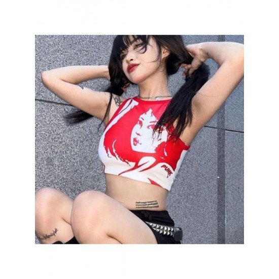  Summer 2024 Round Neck Figure Pattern Crop Tank