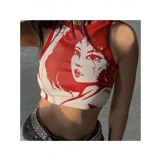  Summer 2024 Round Neck Figure Pattern Crop Tank