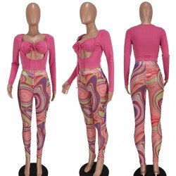  Hollowed Out Crop Top And Printing Trouser Sets