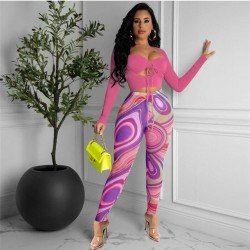  Hollowed Out Crop Top And Printing Trouser Sets