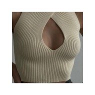 Sexy Cut Out Solid Turtle Neck Sleeveless Tank Tops