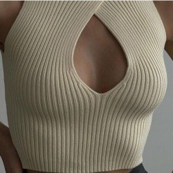 Sexy Cut Out Solid Turtle Neck Sleeveless Tank Tops