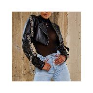 Punk Style Chain Cropped Black Leather Jackets