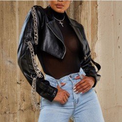 Punk Style Chain Cropped Black Leather Jackets