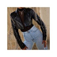 Punk Style Chain Cropped Black Leather Jackets