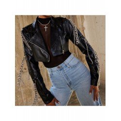 Punk Style Chain Cropped Black Leather Jackets Punk Style Chain Cropped Black Leather Jackets