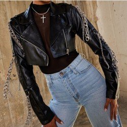 Punk Style Chain Cropped Black Leather Jackets