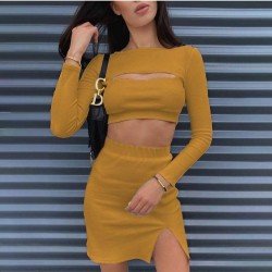  Women's Knitting Pure Color Hollowed Out Skirt Suit