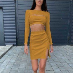  Women's Knitting Pure Color Hollowed Out Skirt Suit