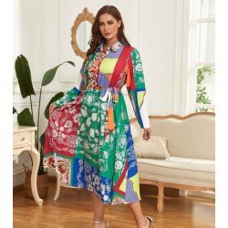 Vacation Paisley Printed Color Blocking Long Sleeve Shirt Dress