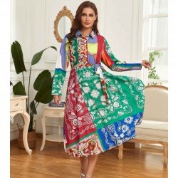 Vacation Paisley Printed Color Blocking Long Sleeve Shirt Dress