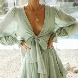 Fall V Neck Ruffles Chiffon Short Dress