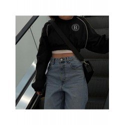 Street Black Patchwork Loose Cropped Sweatshirts