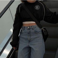 Street Black Patchwork Loose Cropped Sweatshirts