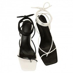 Black White Contrast Color Stiletto Lace Up Heeled Sandals 