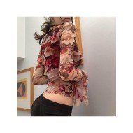  Retro Mesh Printing Flared Sleeve Top