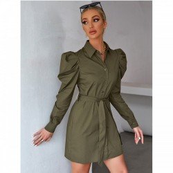 Stylish Solid Gigot Sleeve Long Sleeve Shirt Dress