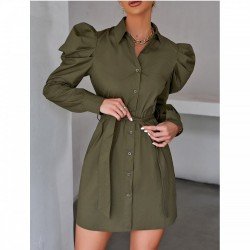 Stylish Solid Gigot Sleeve Long Sleeve Shirt Dress