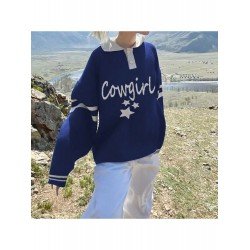 Oversized Star Letter Blue Polo Neck Sweaters Oversized Star Letter Blue Polo Neck Sweaters
