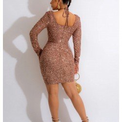  Sexy Slim Sequins Women's Long Sleeve Dress