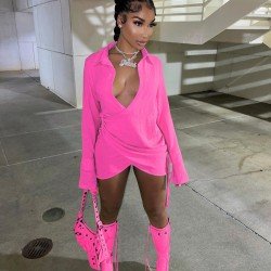 Sexy Low Cut Solid Long Sleeve Short Dress