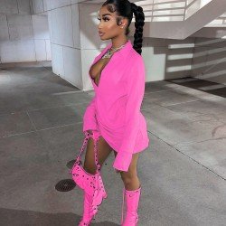 Sexy Low Cut Solid Long Sleeve Short Dress