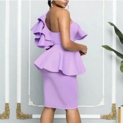 Ruffles One Shoulder Party Knee Length Dress