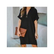  Pure Color V Neck Women's Short Sleeve Dress