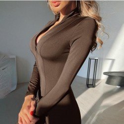 Skinny White Long Sleeve Half Zip Jumpsuits