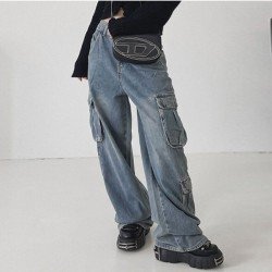 Stylish Wide Leg Blue Low Rise Cargo Jeans