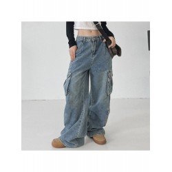 Stylish Wide Leg Blue Low Rise Cargo Jeans Stylish Wide Leg Blue Low Rise Cargo Jeans