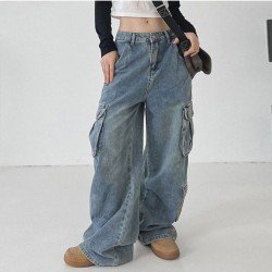 Stylish Wide Leg Blue Low Rise Cargo Jeans