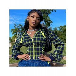 Fashion Casual Hooded Plaid Bandage Short Coats  Fashion Casual Hooded Plaid Bandage Short Coats