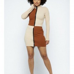  Contrast Color Zipper Top And Skirt Women's Suits
