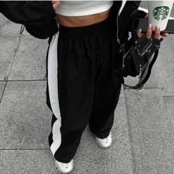 Black Contrast Color Straight Leg Trousers For Women