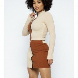  Contrast Color Zipper Top And Skirt Women's Suits