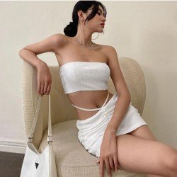 Sexy Pure Color Strapless Two-Piece Skirt Set