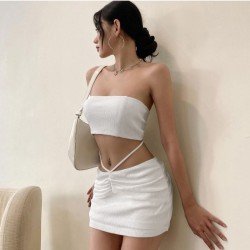 Sexy Pure Color Strapless Two-Piece Skirt Set