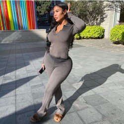  Pure Color Long Sleeve Women's Trouser Two-Piece Set