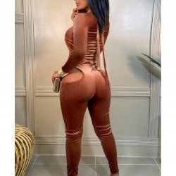  Tight Pure Color Hollowed Out Women's Jumpsuit
